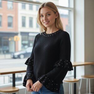 Each x Other Paris Black Wool Studded Ruffle Bell Sleeve Sweater Size Small